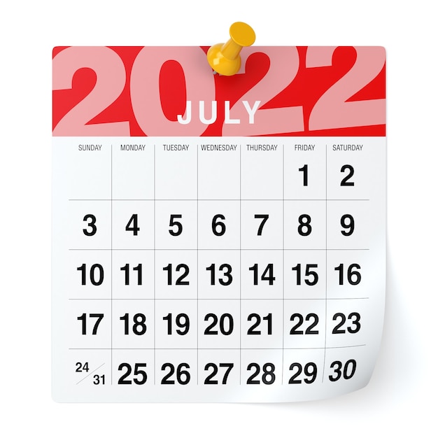 Juillet 2022 - Calendrier. Isolé sur fond blanc. Illustration 3D