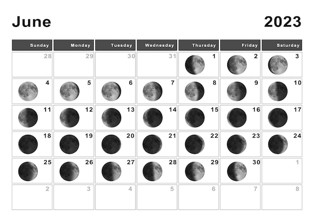 Photo juin 2023 calendrier lunaire, cycles lunaires, phases lunaires