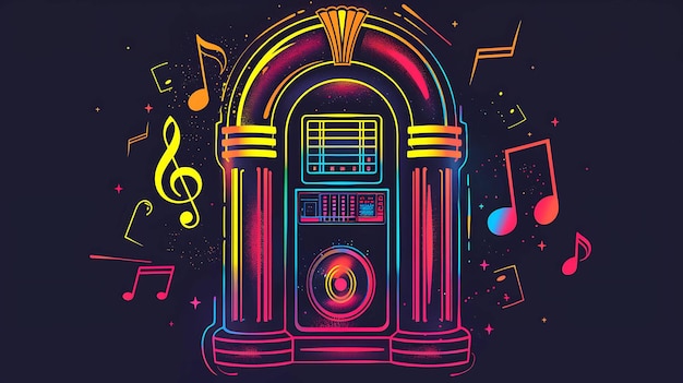 Un jukebox avec un fond sombre Le jukebox est éclairé de couleurs vives Il y a des notes de musique flottant autour du jukebox