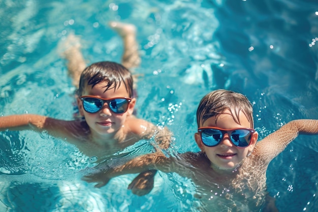 Des jumeaux nagent dans la piscine