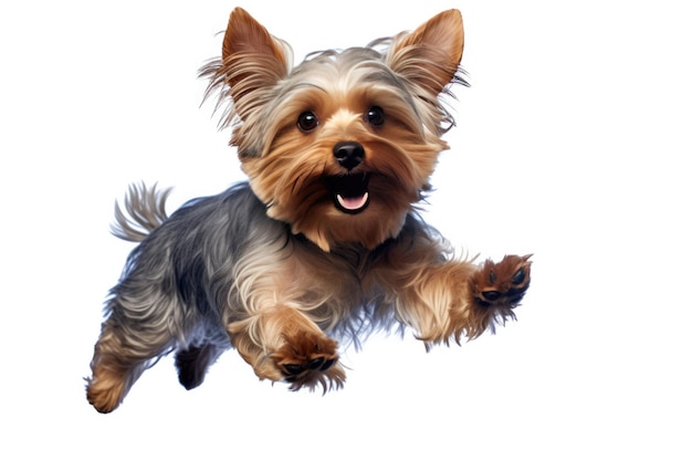 Jumping Moment Yorkshire Terrier Dog Sur fond blanc Jumping Moment Yorkshire Terrier Dog Propriétaire
