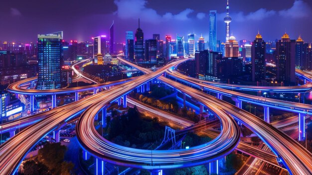 Photo junction routière surélevée de shanghai et pont aérien d'échange la nuit shanghai chine