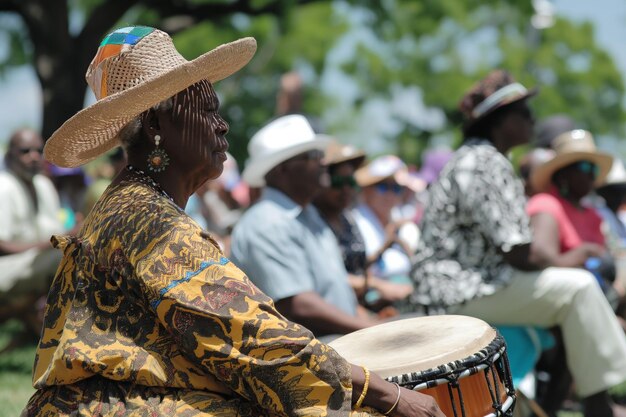 Juneteenth une femme dans un chapeau de paille joue du tambour devant une foule de gens