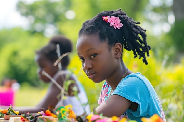 Juneteenth Fille heureuse avec des fleurs dans les cheveux profitant de son temps libre à une table dans la nature