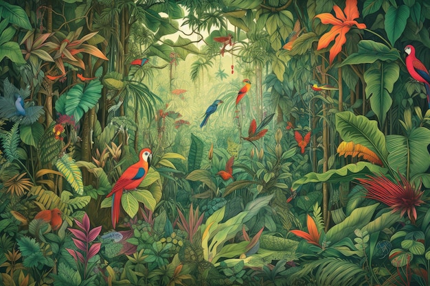 Jungle animée avec une flore et une faune denses, y compris des oiseaux colorés créés avec une IA générative