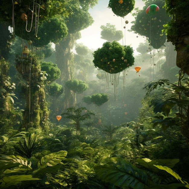 Une jungle avec des arbres qui font pousser des ballons au lieu de fruits