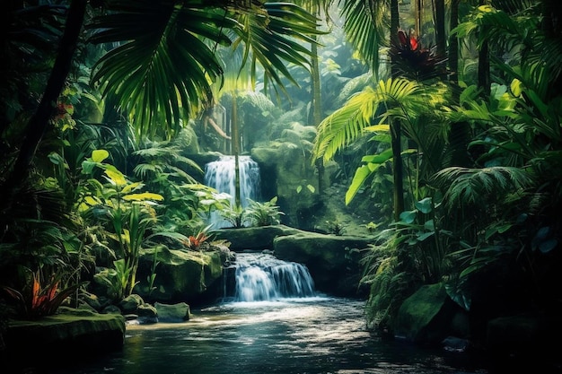 Photo une jungle avec une cascade et une cascade en arrière-plan