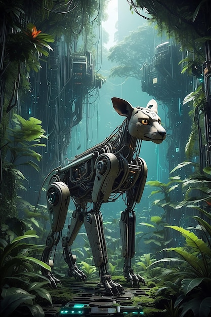 Une jungle cybernétique avec des animaux robotiques et des arbres faits de circuits
