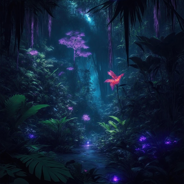 Jungle enchantée foncée sur une planète inconnue la nuit