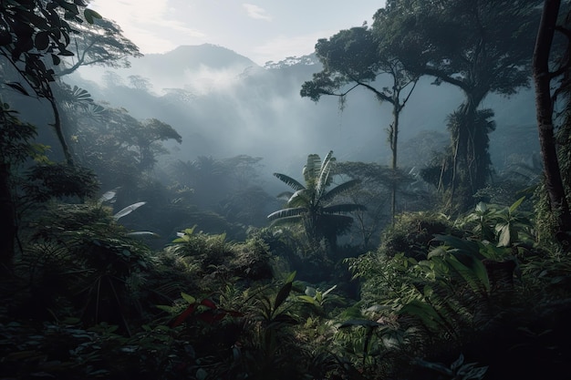 Jungle enfumée avec des arbres imposants et un feuillage dense entouré de montagnes brumeuses