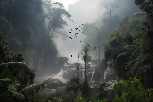 Jungle enfumée avec cascades et oiseaux en arrière-plan