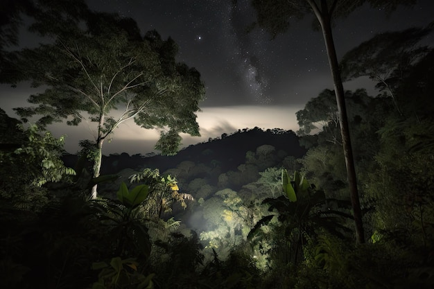 Jungle enfumée avec vue sur le ciel étoilé visible à travers les arbres