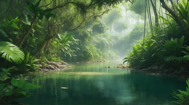 Une jungle en été et une rivière Generative AI