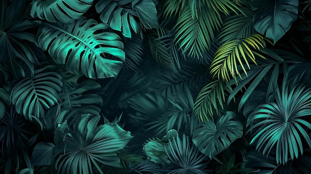 La jungle avec des feuilles de couleurs sombres atmosphère exotique feuilles tropicales à l'arrière-plan