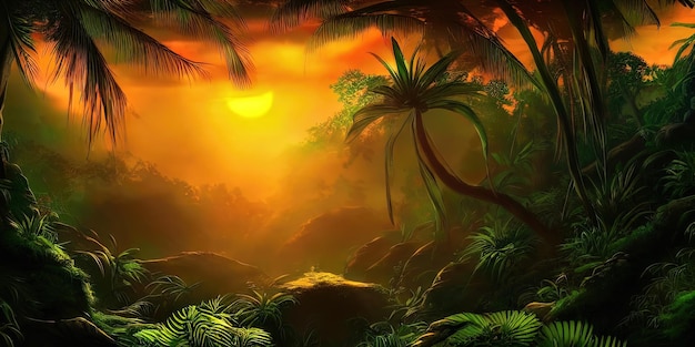 Jungle de forêt de néons de palmiers au coucher du soleil Forêt irréelle Belle illustration 3D de paysage fantastique de néon
