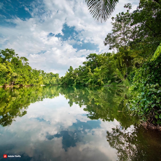 La jungle sur le lac, le magnifique reflet du ciel, les arbres.