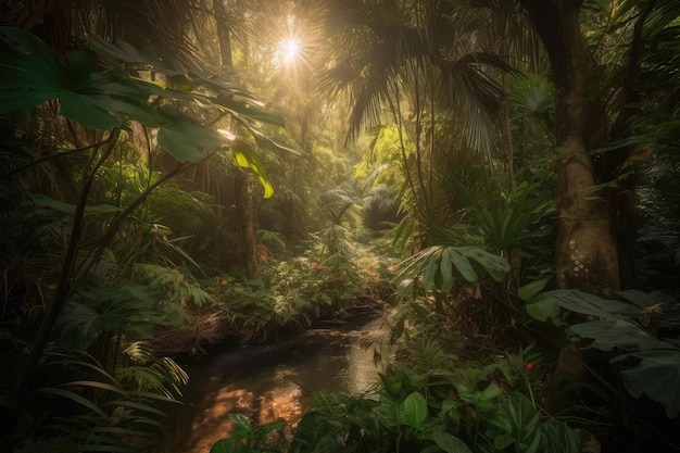 Une jungle luxuriante, un ruisseau sinueux, une faune vibrante, une IA générative.