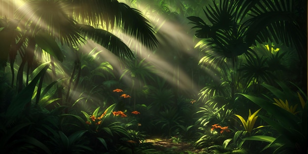 Jungle par une journée ensoleillée Belle forêt tropicale avec des plantes exotiques fleurs palmiers grandes feuilles et fougères Fourré de la forêt tropicale Rayons de soleil brillants à travers le feuillage AI générative