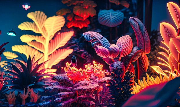 Une jungle avec des plantes lumineuses, des animaux aux couleurs fluo et des formes géométriques