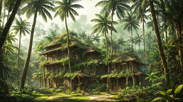 Une jungle préhistorique verte avec une végétation luxuriante et une maison