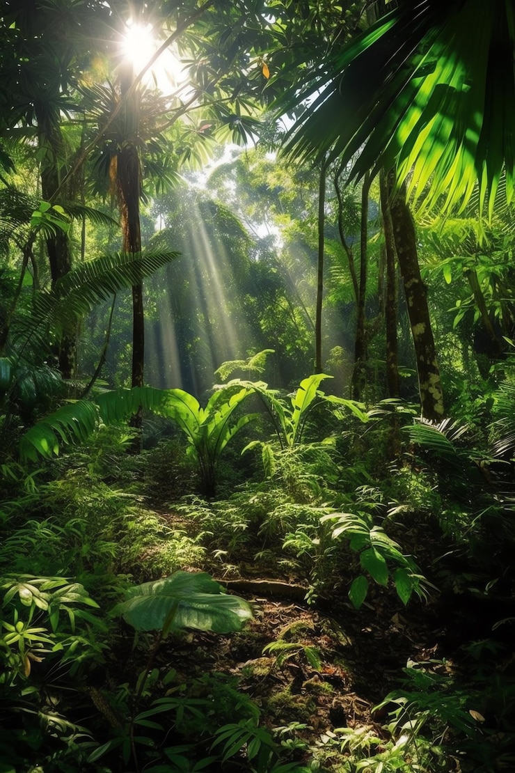 Une jungle avec le soleil qui brille à travers les arbres