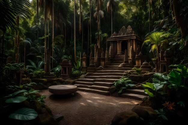 Une jungle avec un temple au milieu