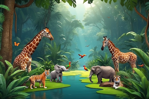 Une jungle tropicale avec des animaux, fond vectoriel photo-réaliste