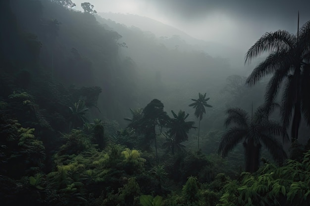 Photo jungle tropicale avec brouillard épais entouré d'orage