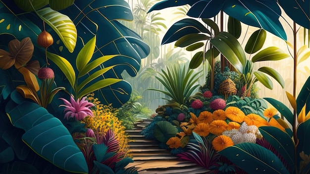 jungle tropicale avec un escalier menant à la jungle