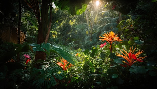 Jungle tropicale avec des fleurs colorées au premier plan