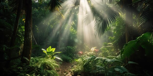 La jungle tropicale, la forêt profonde avec la lumière des rayons Beab, l'ambiance d'aventure en plein air de la nature.