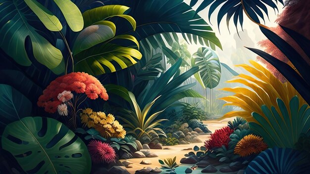 Photo jungle tropicale avec des plantes et des fleurs illustration de rendu 3d