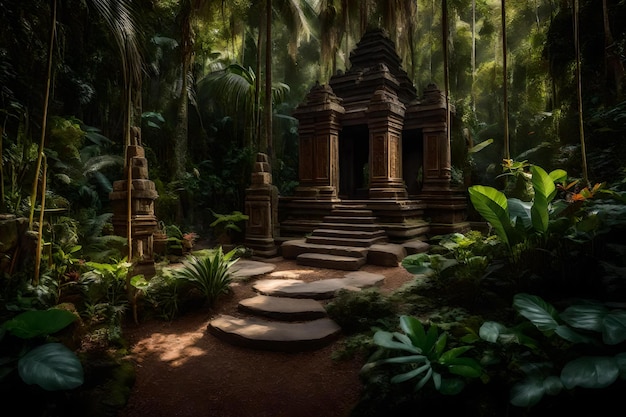Photo une jungle tropicale avec un temple au milieu.