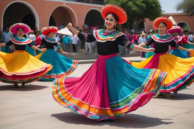 Photo des jupes colorées volent pendant la danse traditionnelle mexicaine ai générative