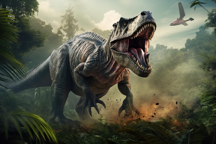 Photo jurassic world qui montre un trex qui se sent menacé généré par l'ia