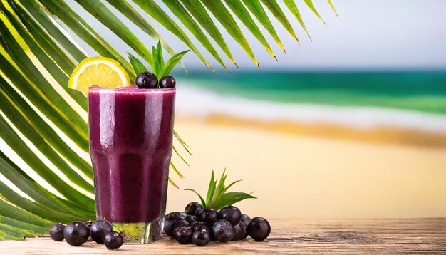 jus d'acai dans un verre avec un fond de plage