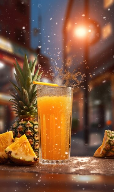 Jus d'ananas avec éclaboussures d'ananas dans un restaurant de fond de studio avec jardin