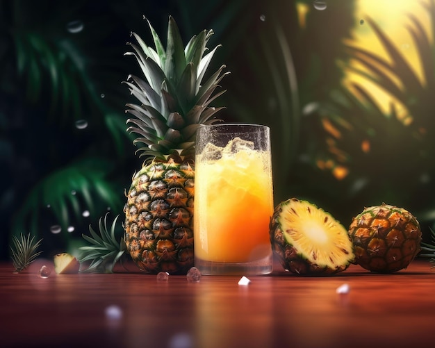 Jus d'ananas avec éclaboussures d'ananas dans un restaurant de fond de studio avec jardin