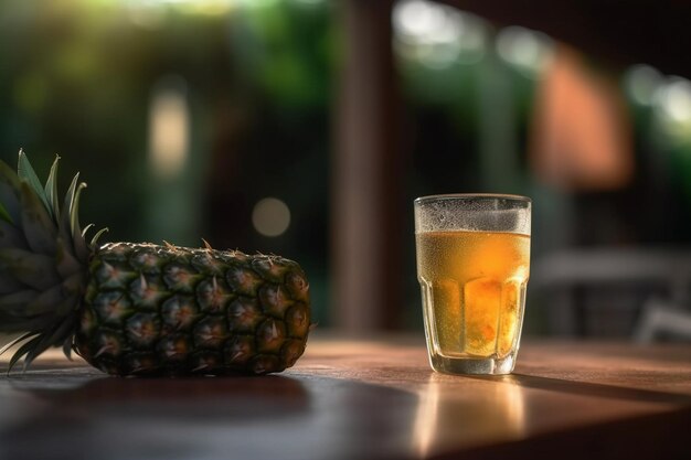 Photo jus d'ananas avec une tranche d'anananas sur la table de bar vue rapprochée des vacances ia générative