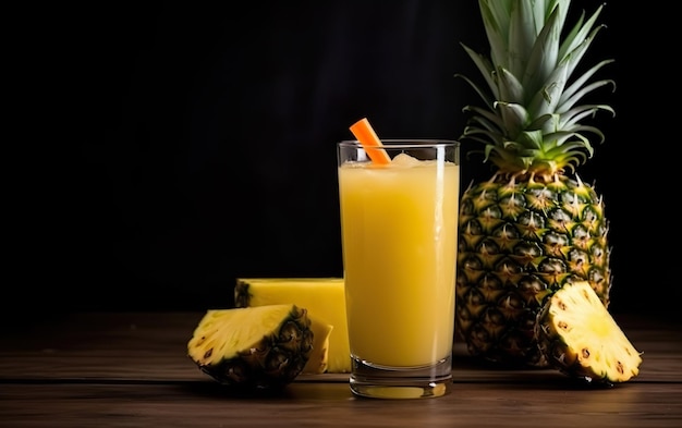 Un jus d'ananas avec une tranche d'orange sur fond sombre.