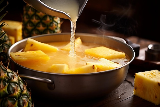 Le jus d'ananas utilisé dans la cuisson, comme le gâteau à l'ananas à l'envers