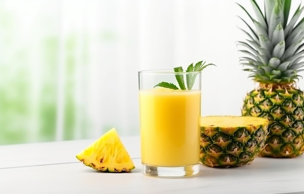 Jus d'ananas en verre et tranches d'ananas pour un petit-déjeuner sain sur une table en bois blanc