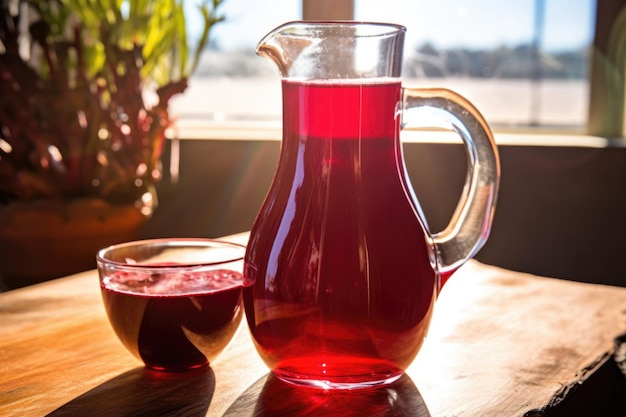 Jus de betterave dans une cruche avec la lumière du soleil éclairant à travers