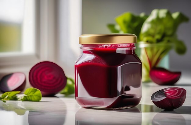 Photo jus de betterave naturel dans un pot de verre sur la table régime de désintoxication nourriture saine