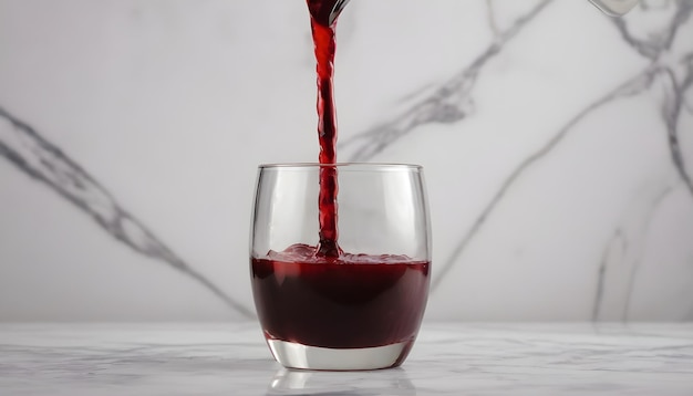 Le jus de cerise est versé dans un verre.