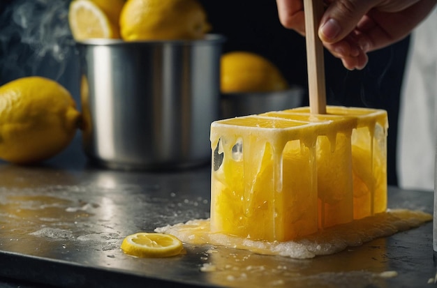 Le jus de citron est utilisé dans un moule de glace à glace fait maison