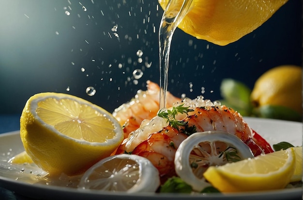 Le jus de citron est versé sur un plat de fruits de mer.