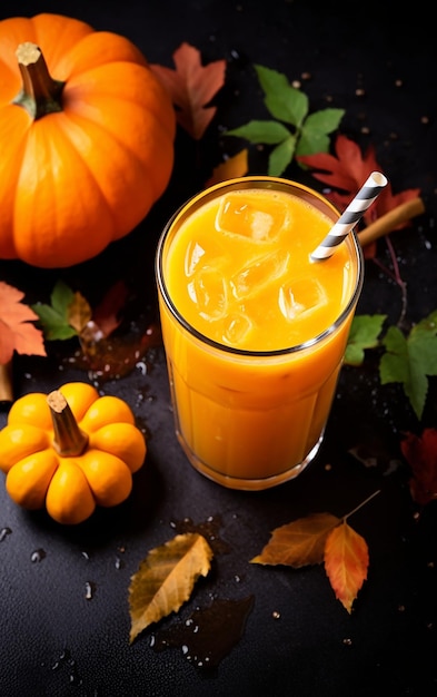 Jus de citrouille frais dans une tasse de verre et citrouilles orange