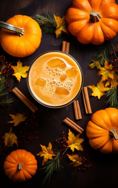 Jus de citrouille frais dans une tasse de verre et citrouilles orange