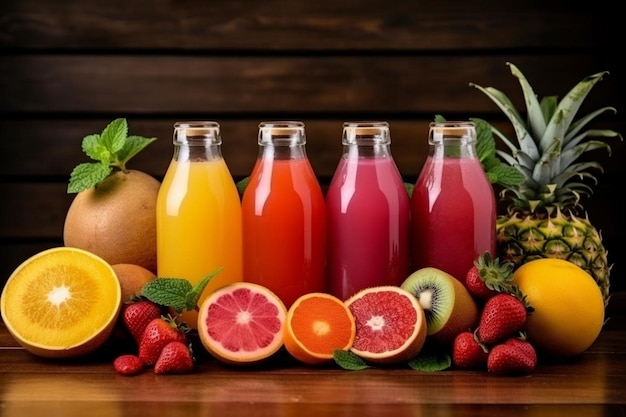 Des jus délicieux en bouteille et des fruits sur des planches de bois